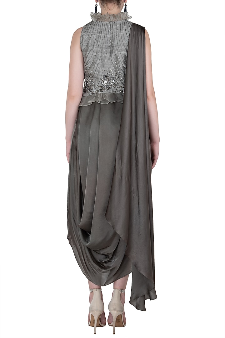 Grey embroidered cowl saree with jacket available only at Pernia's Pop Up Shop.