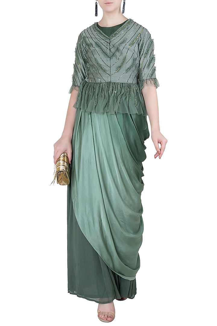 Moss green embroidered peplum top with draped skirt available only at Pernia's Pop Up Shop.
