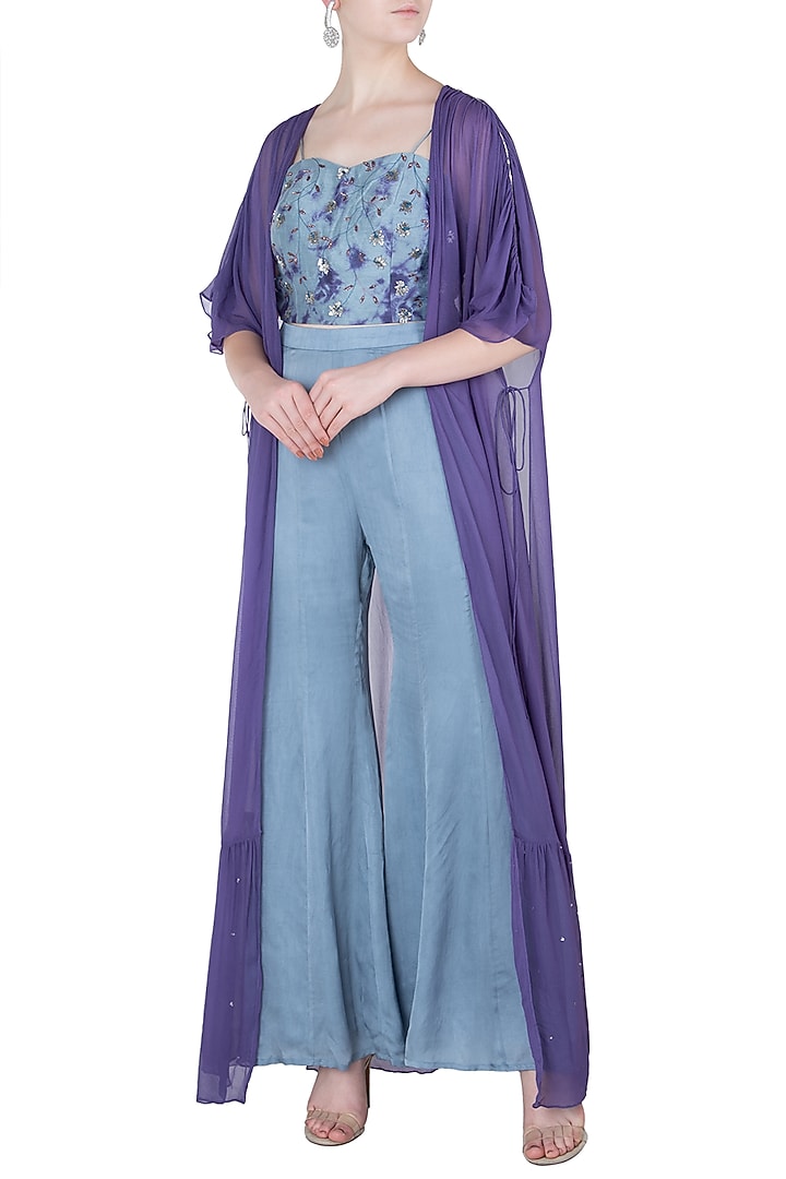 Grey embellished bustied with flared pants and cape available only at Pernia's Pop Up Shop.