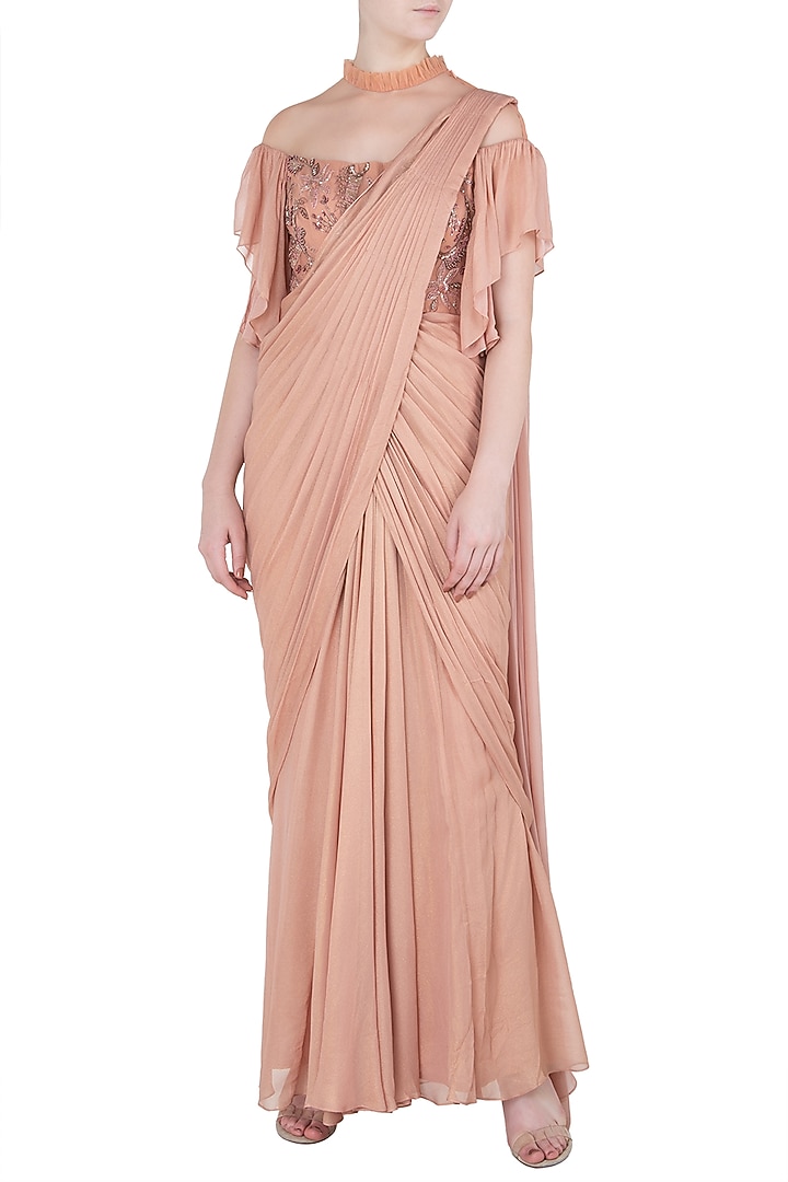 Peach asymmetrical embroidered saree gown available only at Pernia's Pop Up Shop.