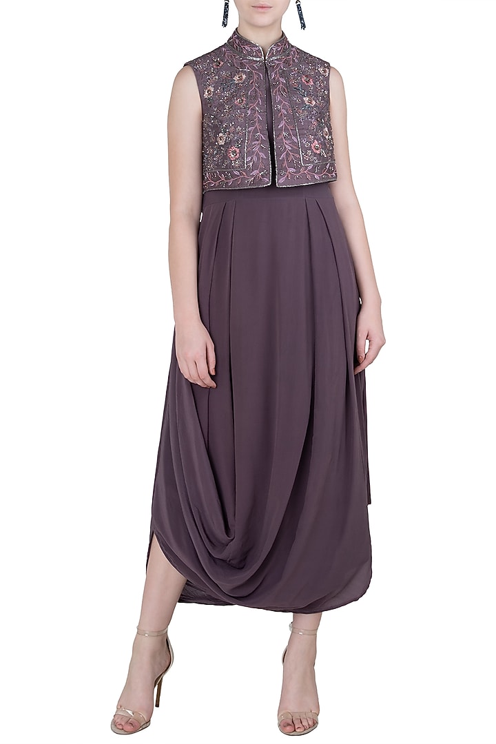 Violet cowl gown with embroidered jacket available only at Pernia's Pop Up Shop.