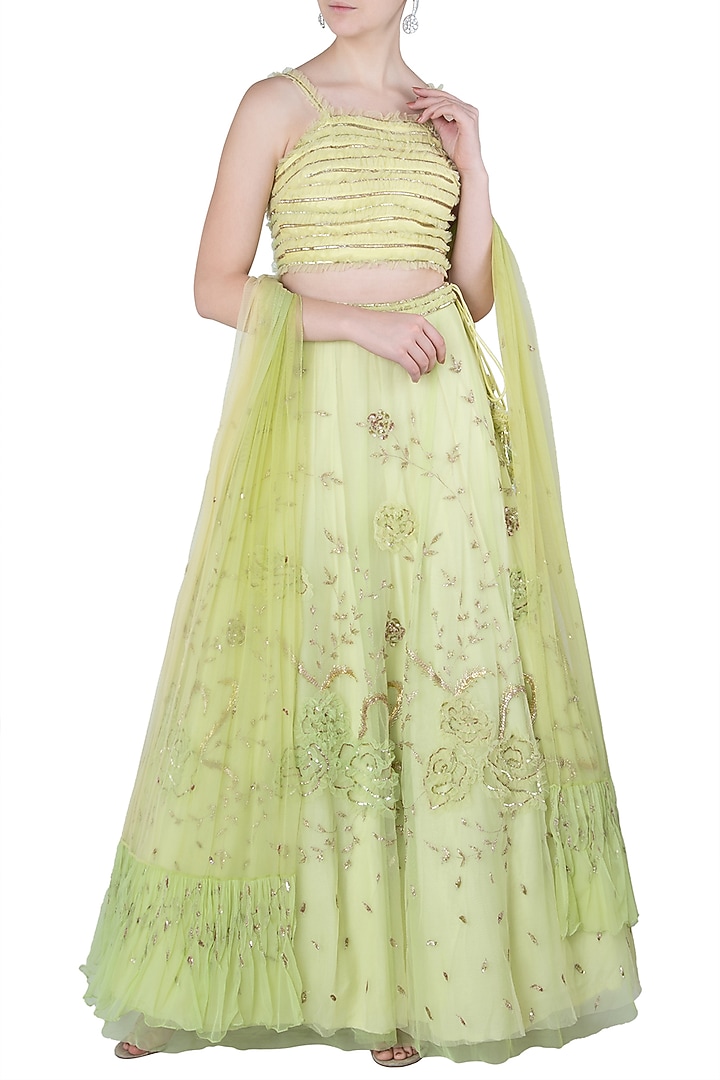 Lime green embroidered lehenga set available only at Pernia's Pop Up Shop.