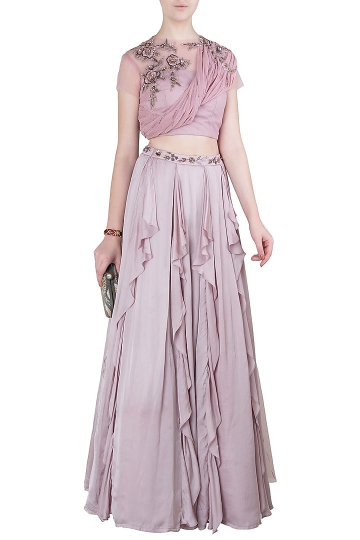 Onion pink embellished crop top with ruffled skirt available only at Pernia's Pop Up Shop.