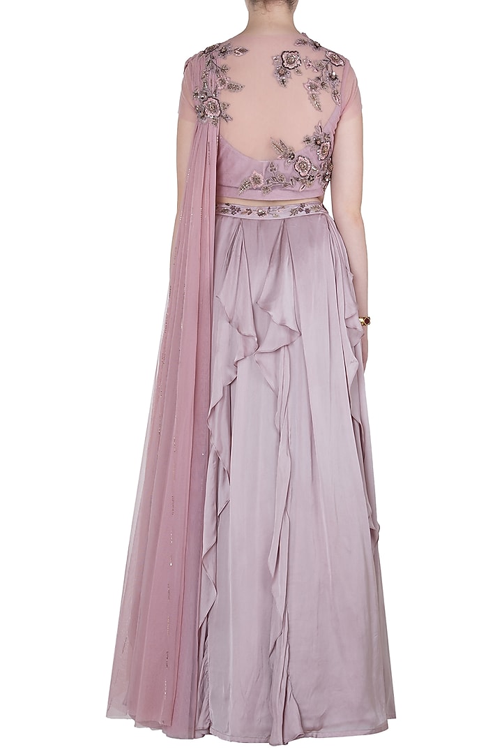 Onion pink embellished crop top with ruffled skirt available only at Pernia's Pop Up Shop.