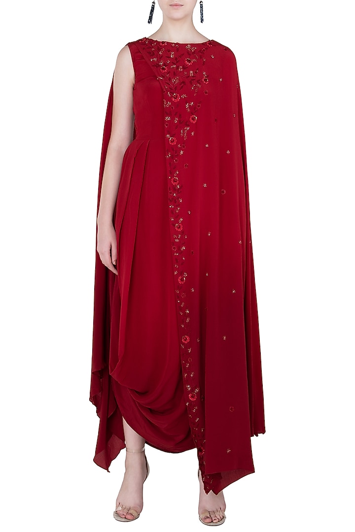 Maroon embellished cowl dress available only at Pernia's Pop Up Shop.