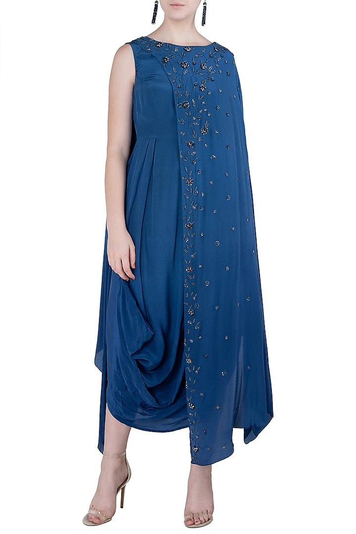 Indigo blue embellished cowl dress available only at Pernia's Pop Up Shop.
