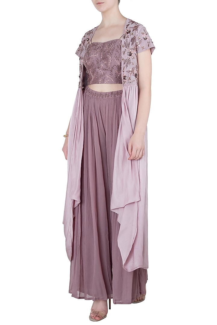 Onion pink cowl jacket with crop top and palazzo pants available only at Pernia's Pop Up Shop.