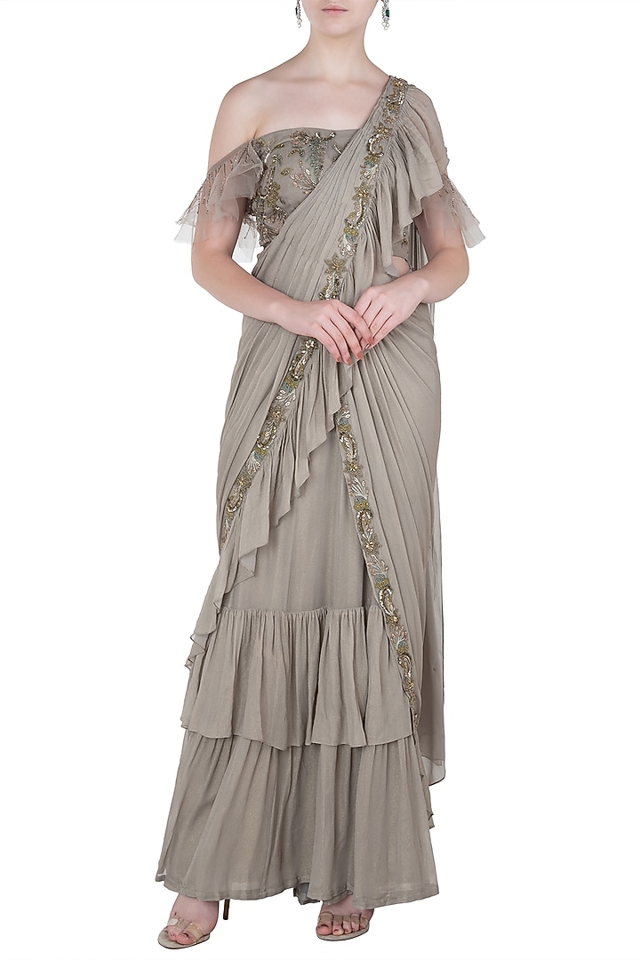 Grey frill embroidered saree available only at Pernia's Pop Up Shop.