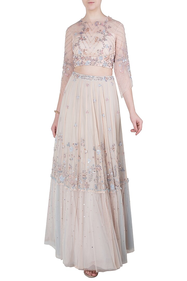 Peach embellished crop top with tiered skirt available only at Pernia's Pop Up Shop.