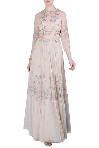 Peach Embellished Crop Top with Tiered Skirt by K-ANSHIKA Jaipur