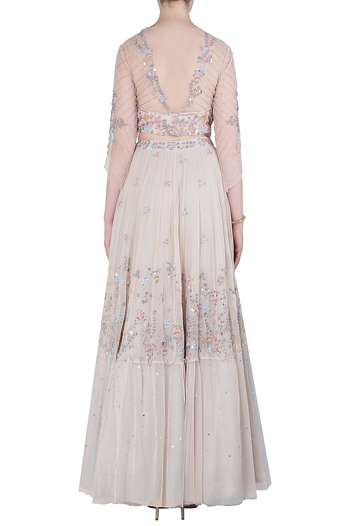 Peach embellished crop top with tiered skirt available only at Pernia's Pop Up Shop.