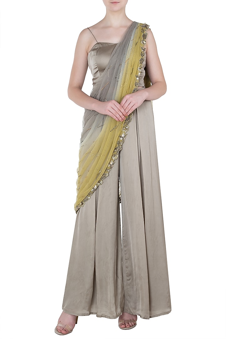 Grey bustier with attached dupatta and palazzo pants available only at Pernia's Pop Up Shop.