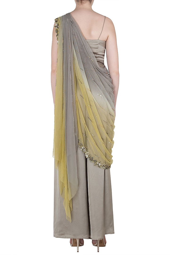 Grey bustier with attached dupatta and palazzo pants available only at Pernia's Pop Up Shop.