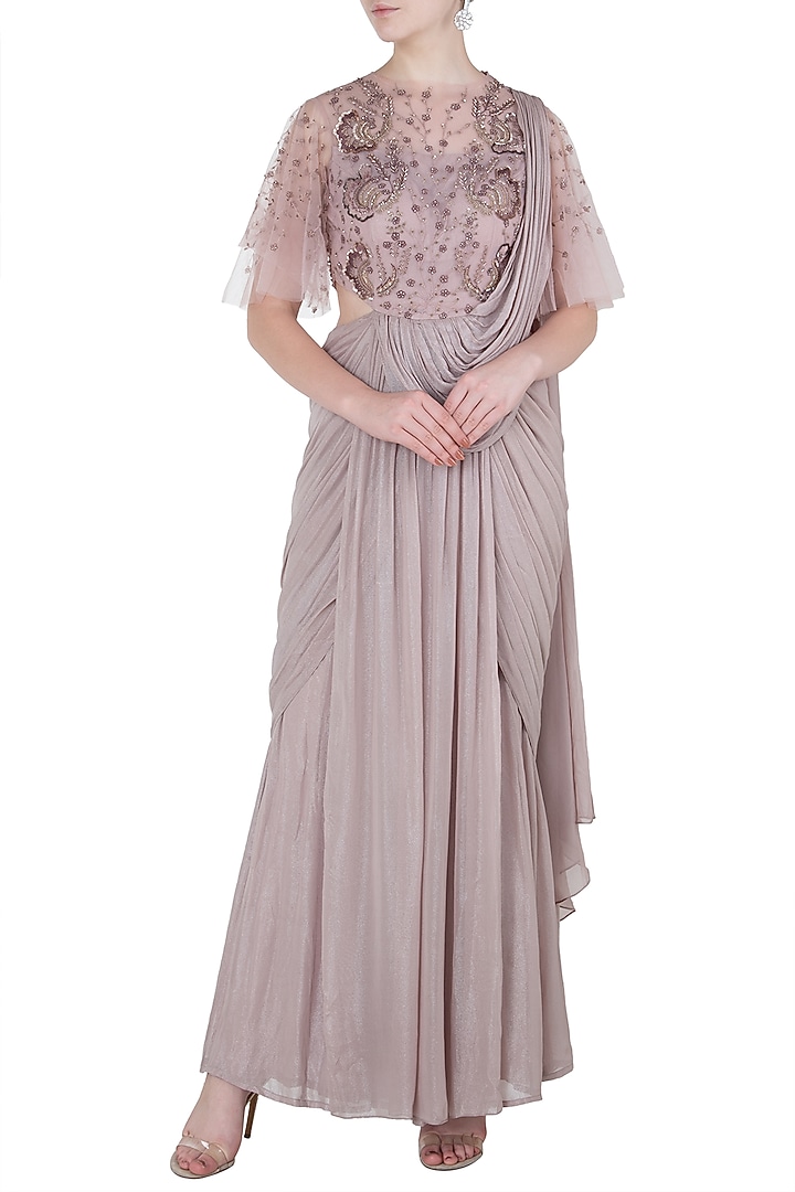 Onion pink embroidered saree gown available only at Pernia's Pop Up Shop.