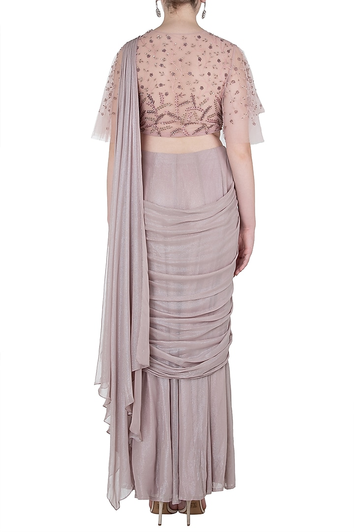 Onion pink embroidered saree gown available only at Pernia's Pop Up Shop.