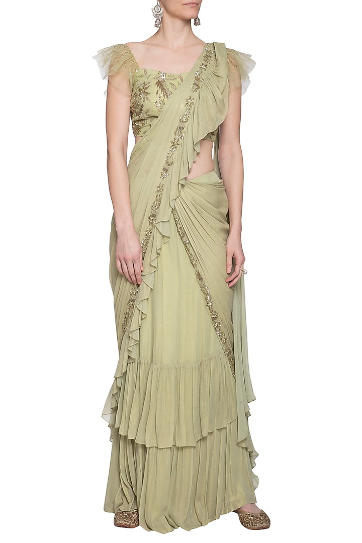 Pistachio Net & Georgette Embroidered Frill Wedding Saree set by K-ANSHIKA Jaipur at Pernia's Pop Up Shop
