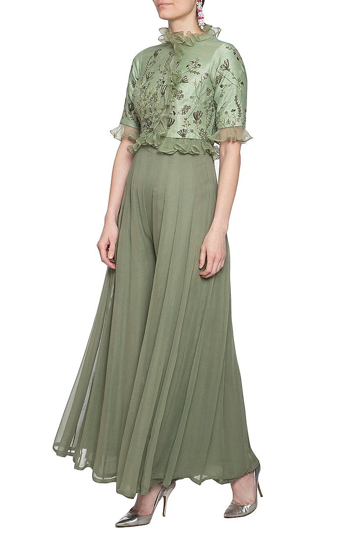 Pistachio embroidered jumpsuit with jacket by K-ANSHIKA Jaipur at Pernia's Pop Up Shop