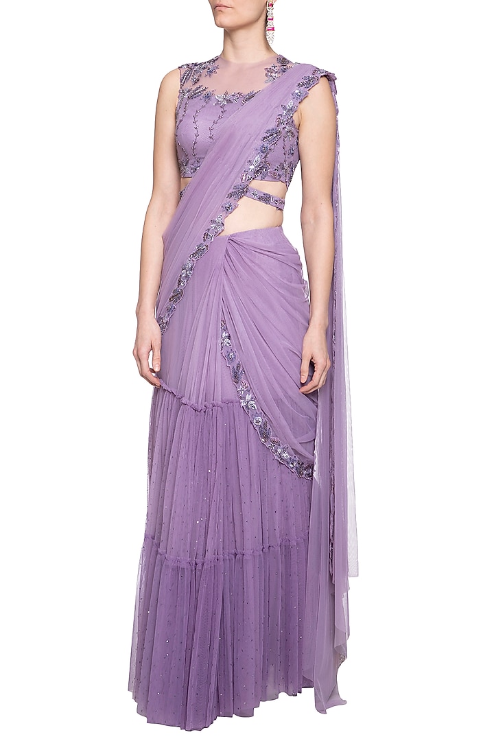 Lilac Net Embroidered Pre-Stitched Tiered Wedding Saree Set by K-ANSHIKA Jaipur at Pernia's Pop Up Shop