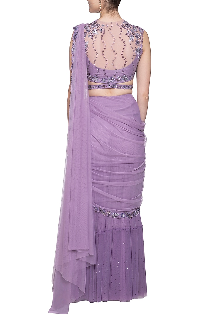 Lilac Net Embroidered Pre-Stitched Tiered Wedding Saree Set by K-ANSHIKA Jaipur at Pernia's Pop Up Shop