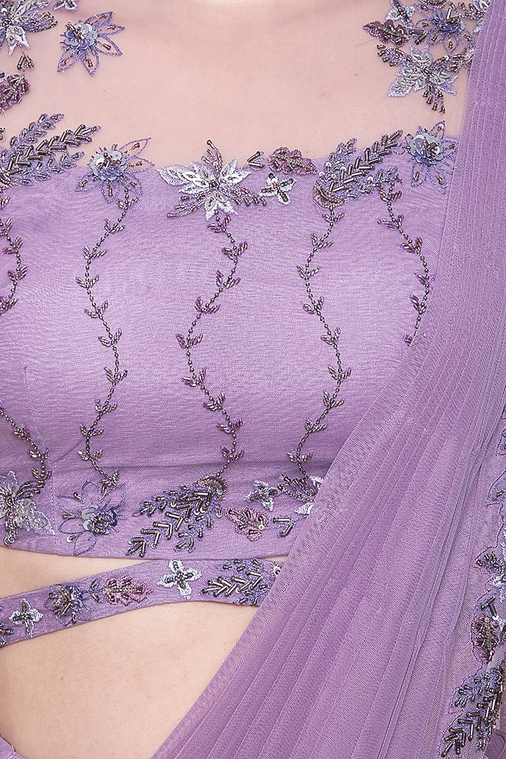 Lilac Net Embroidered Pre-Stitched Tiered Wedding Saree Set by K-ANSHIKA Jaipur at Pernia's Pop Up Shop