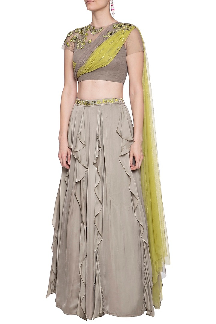 Grey embroidered Wedding Lehenga skirt with drape blouse by K-ANSHIKA Jaipur at Pernia's Pop Up Shop