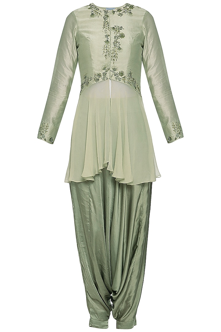 Pistachio embroidered peplum top with pants by K-ANSHIKA Jaipur