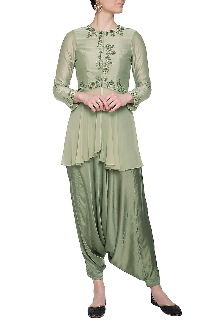 Pistachio embroidered peplum top with pants by K-ANSHIKA Jaipur at Pernia's Pop Up Shop