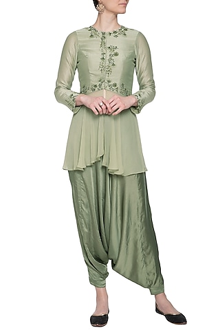Pistachio embroidered peplum top with pants by K-ANSHIKA Jaipur