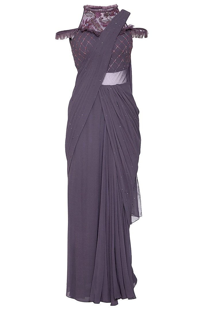 Violet embroidered draped saree gown by K-ANSHIKA Jaipur