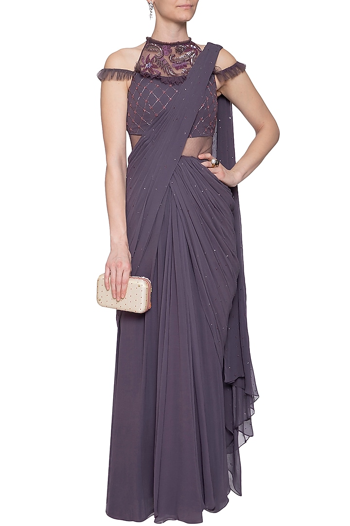 Violet embroidered draped Wedding Saree gown by K-ANSHIKA Jaipur at Pernia's Pop Up Shop