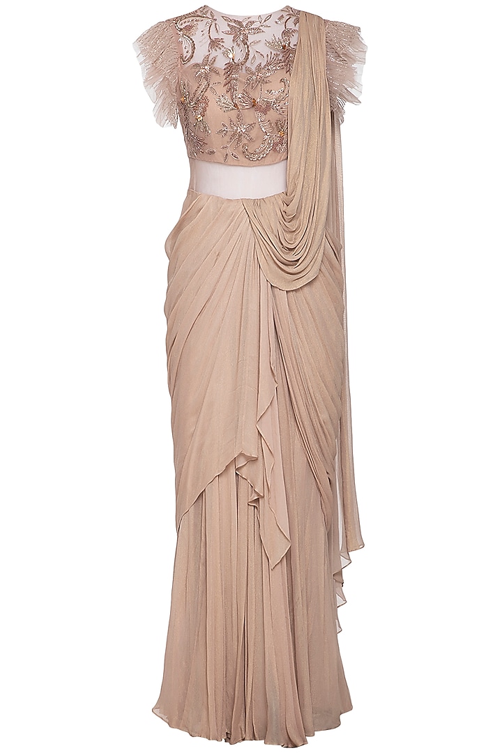 Beige embroidered draped saree gown by K-ANSHIKA Jaipur