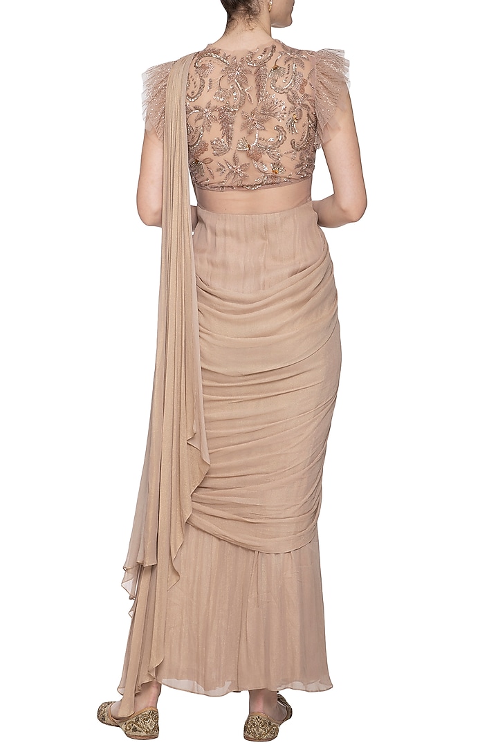 Beige embroidered draped Wedding Saree gown by K-ANSHIKA Jaipur at Pernia's Pop Up Shop
