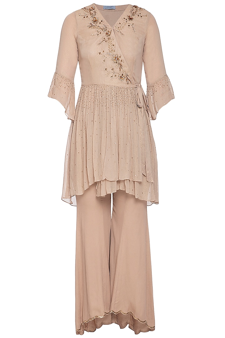 Beige embroidered wrap top with pants by K-ANSHIKA Jaipur