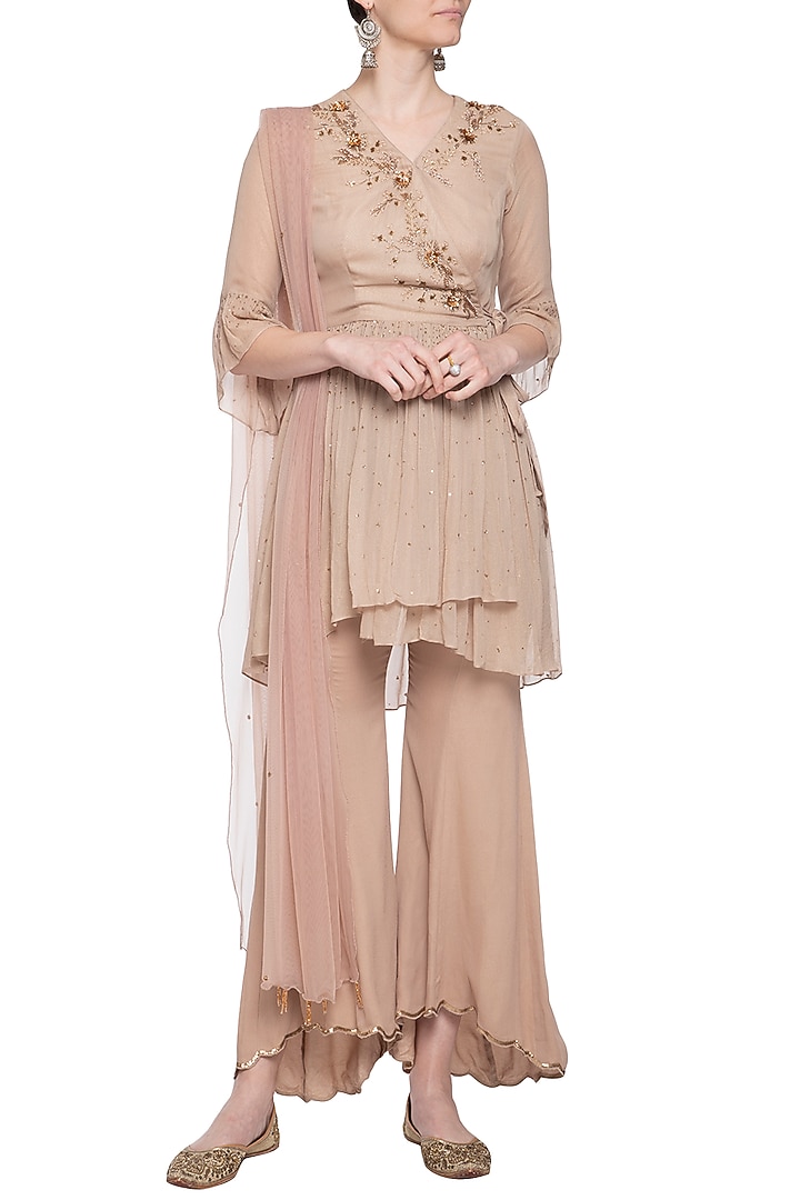 Beige embroidered wrap top with pants by K-ANSHIKA Jaipur at Pernia's Pop Up Shop