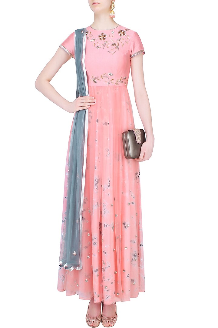 Blush pink bugle bead embroidered anarkali set available only at Pernia's Pop Up Shop.