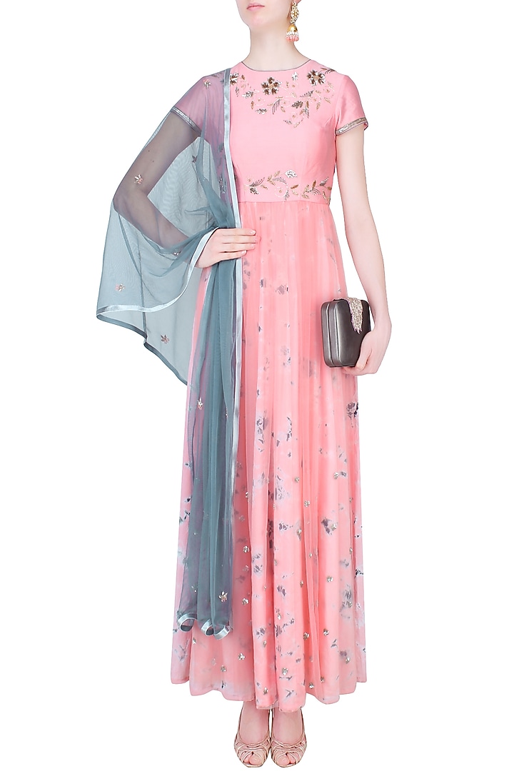 Blush pink bugle bead embroidered anarkali set available only at Pernia's Pop Up Shop.