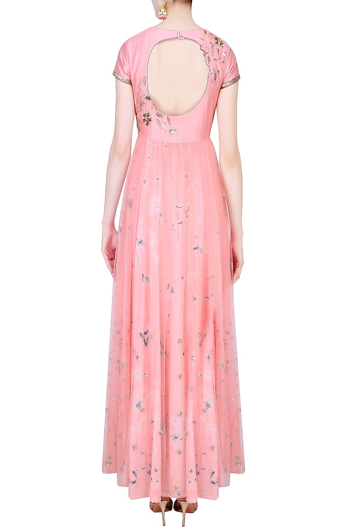 Blush pink bugle bead embroidered anarkali set available only at Pernia's Pop Up Shop.