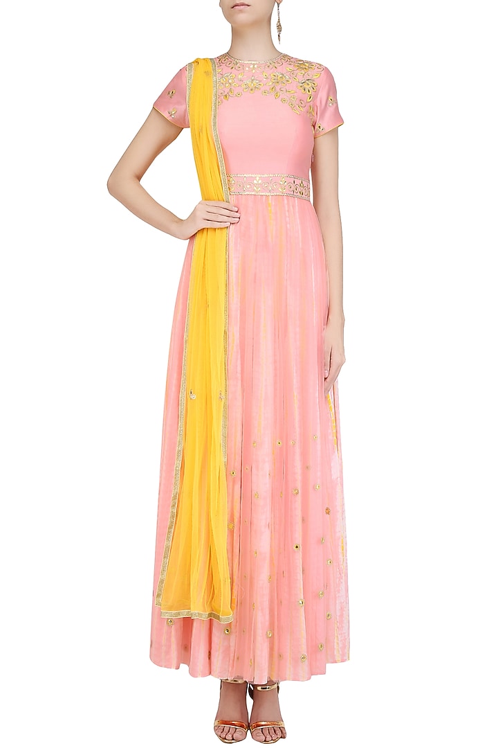 Pink gota embroidered shibori anarkali set available only at Pernia's Pop Up Shop.