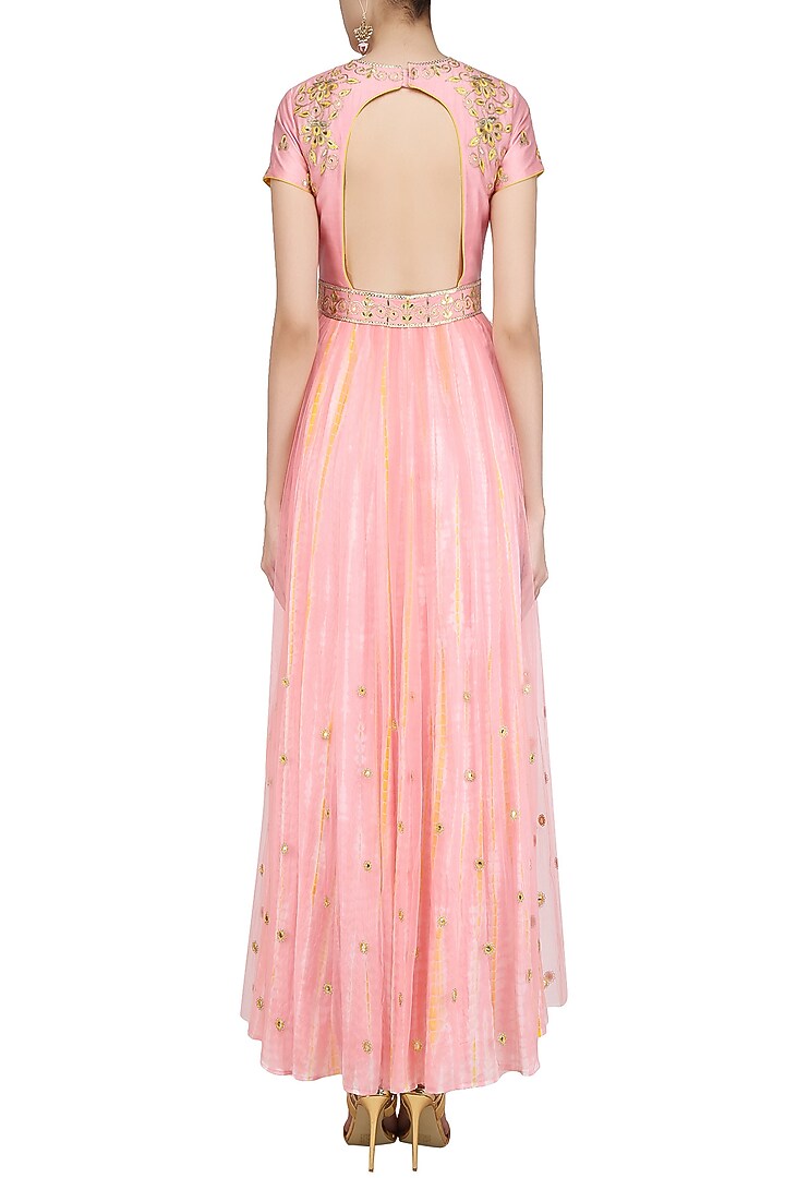 Pink gota embroidered shibori anarkali set available only at Pernia's Pop Up Shop.