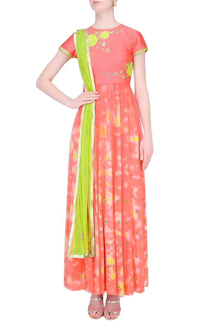 Watermelon color floral applique marble dyed anarkali set available only at Pernia's Pop Up Shop.