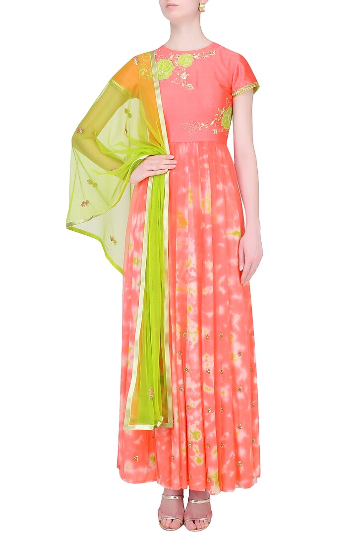 Watermelon color floral applique marble dyed anarkali set available only at Pernia's Pop Up Shop.