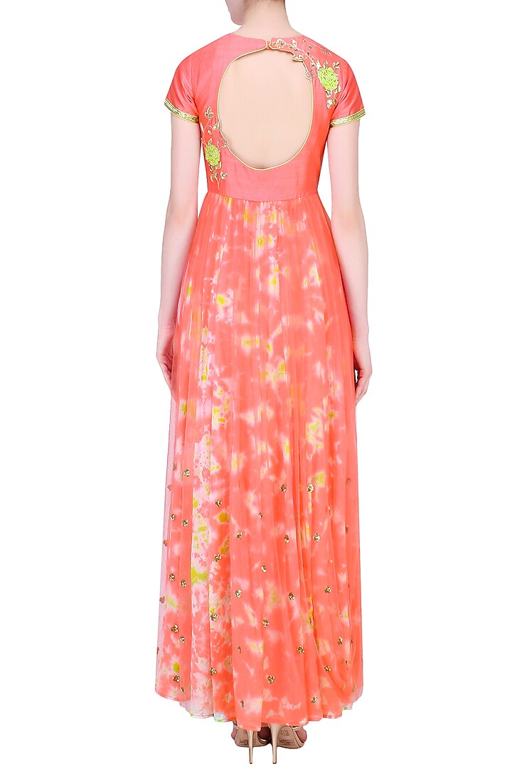 Watermelon color floral applique marble dyed anarkali set available only at Pernia's Pop Up Shop.