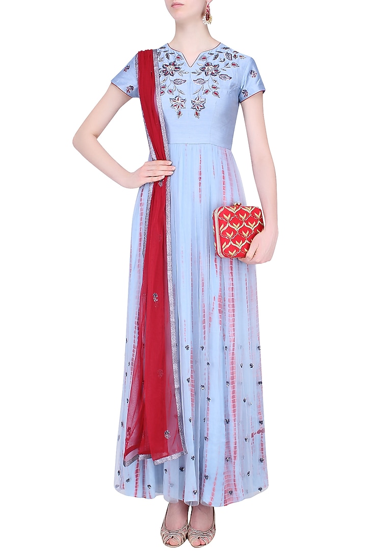 Grey and red shibori dyed sequinned anarkali set available only at Pernia's Pop Up Shop.
