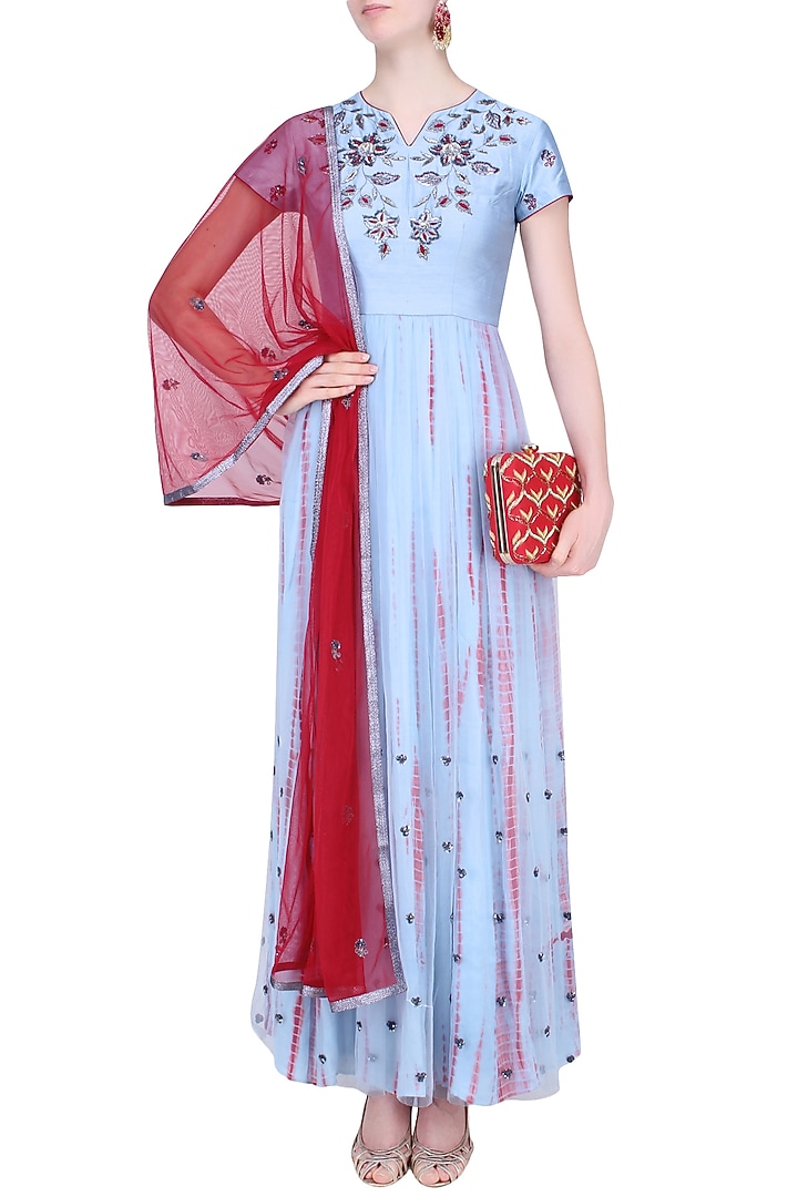 Grey and red shibori dyed sequinned anarkali set available only at Pernia's Pop Up Shop.