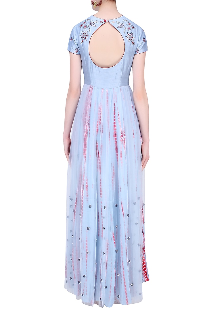 Grey and red shibori dyed sequinned anarkali set available only at Pernia's Pop Up Shop.