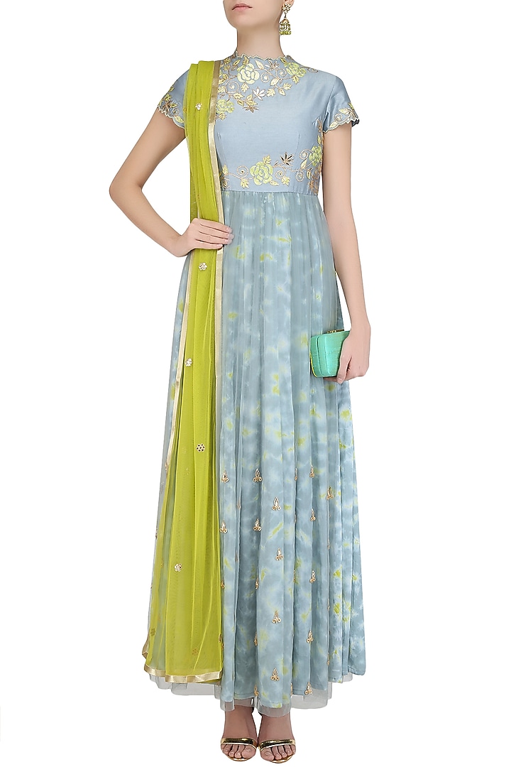 Grey gota patti cutwork marble dyed anarkali set available only at Pernia's Pop Up Shop.