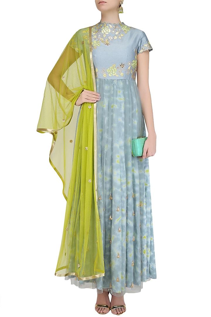 Grey gota patti cutwork marble dyed anarkali set available only at Pernia's Pop Up Shop.