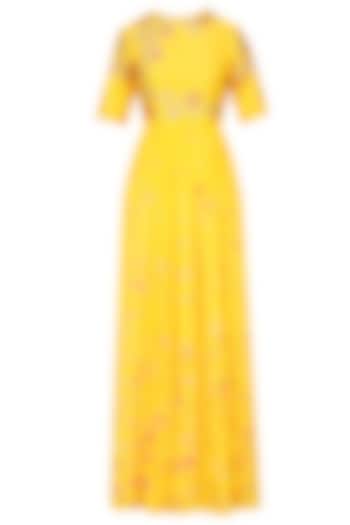 Mango yellow floral embroidered marble dyed anarkali set available only at Pernia's Pop Up Shop.