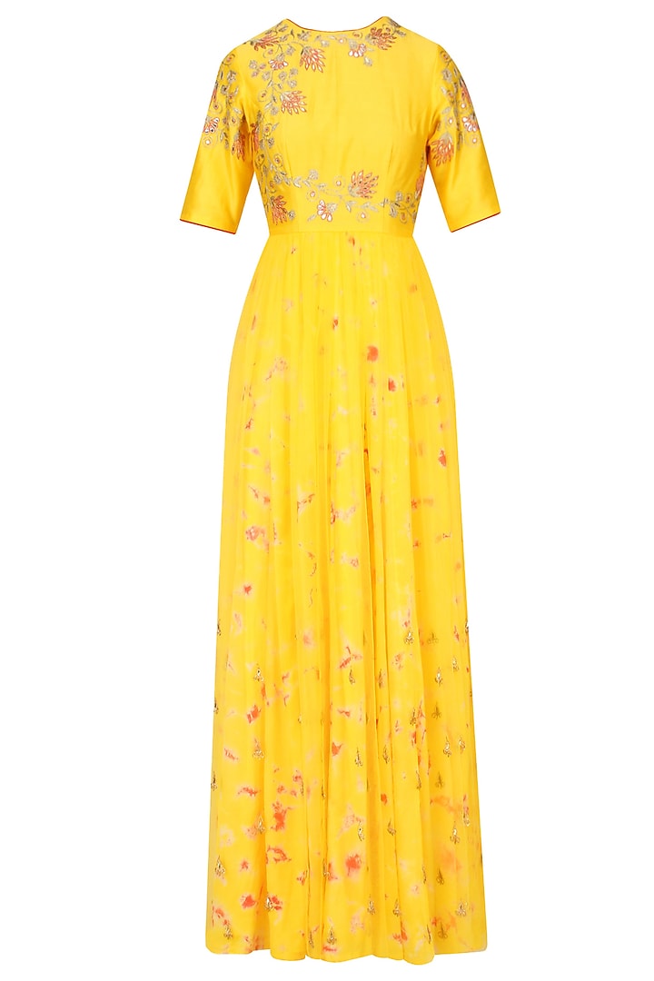 Mango yellow floral embroidered marble dyed anarkali set available only at Pernia's Pop Up Shop.