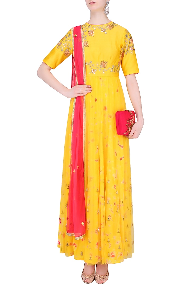 Mango yellow floral embroidered marble dyed anarkali set available only at Pernia's Pop Up Shop.